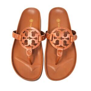 Tory Burch Miller Cloud Thong Sandals Calf Leather Aged Camello Brown Size 7